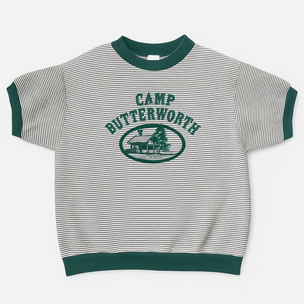 Vintage Green & White Striped Camp Graphic Sweatshirt